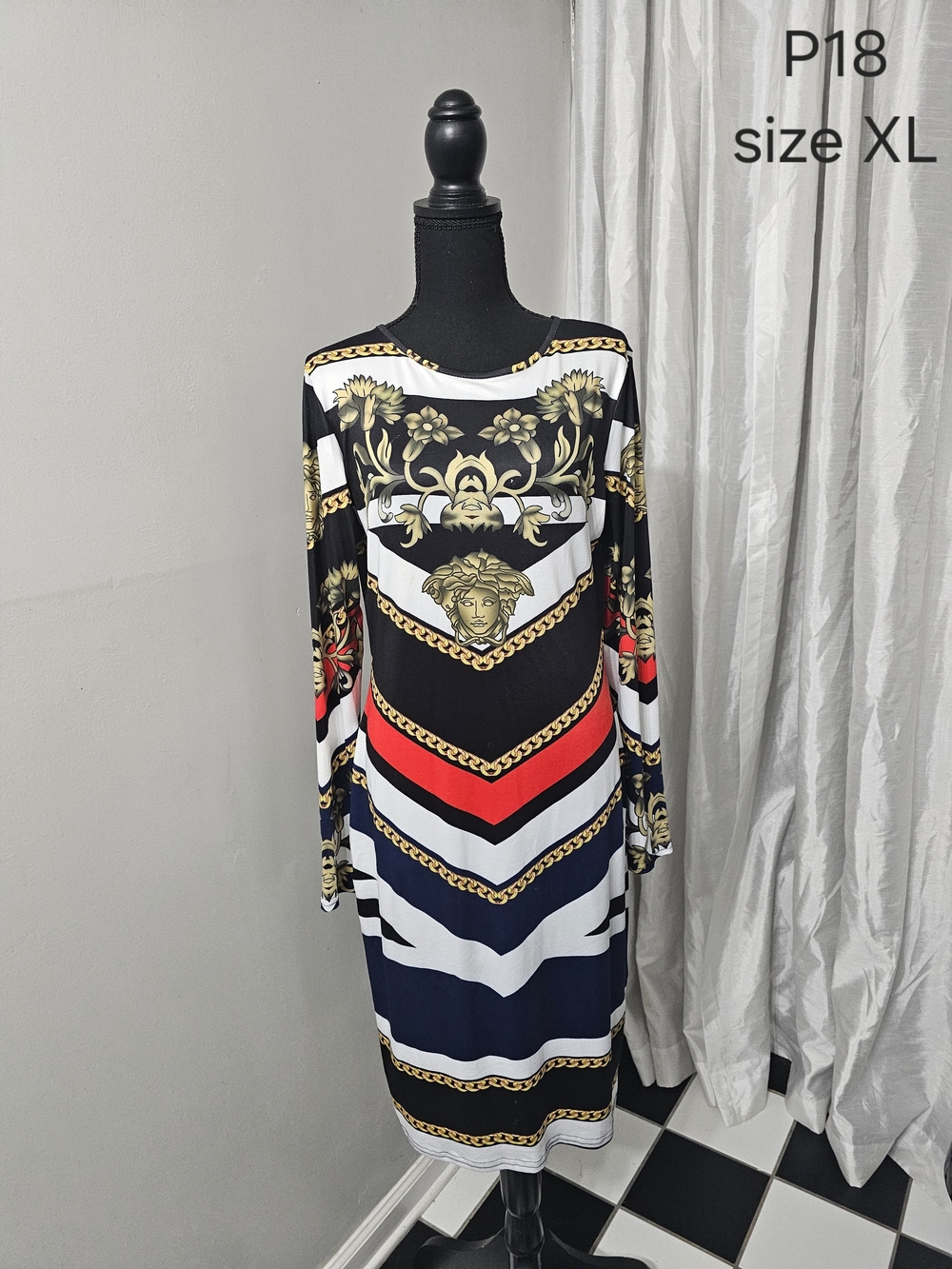 Striped Chain-Print Long Sleeve Dress in Black, White & Red